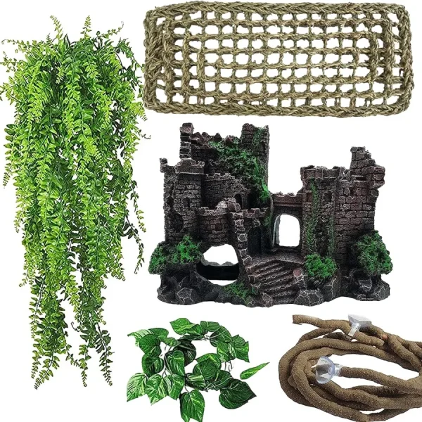 5-Piece Reptile Decor Set – Castle Climb Ornament & Jungle Vines